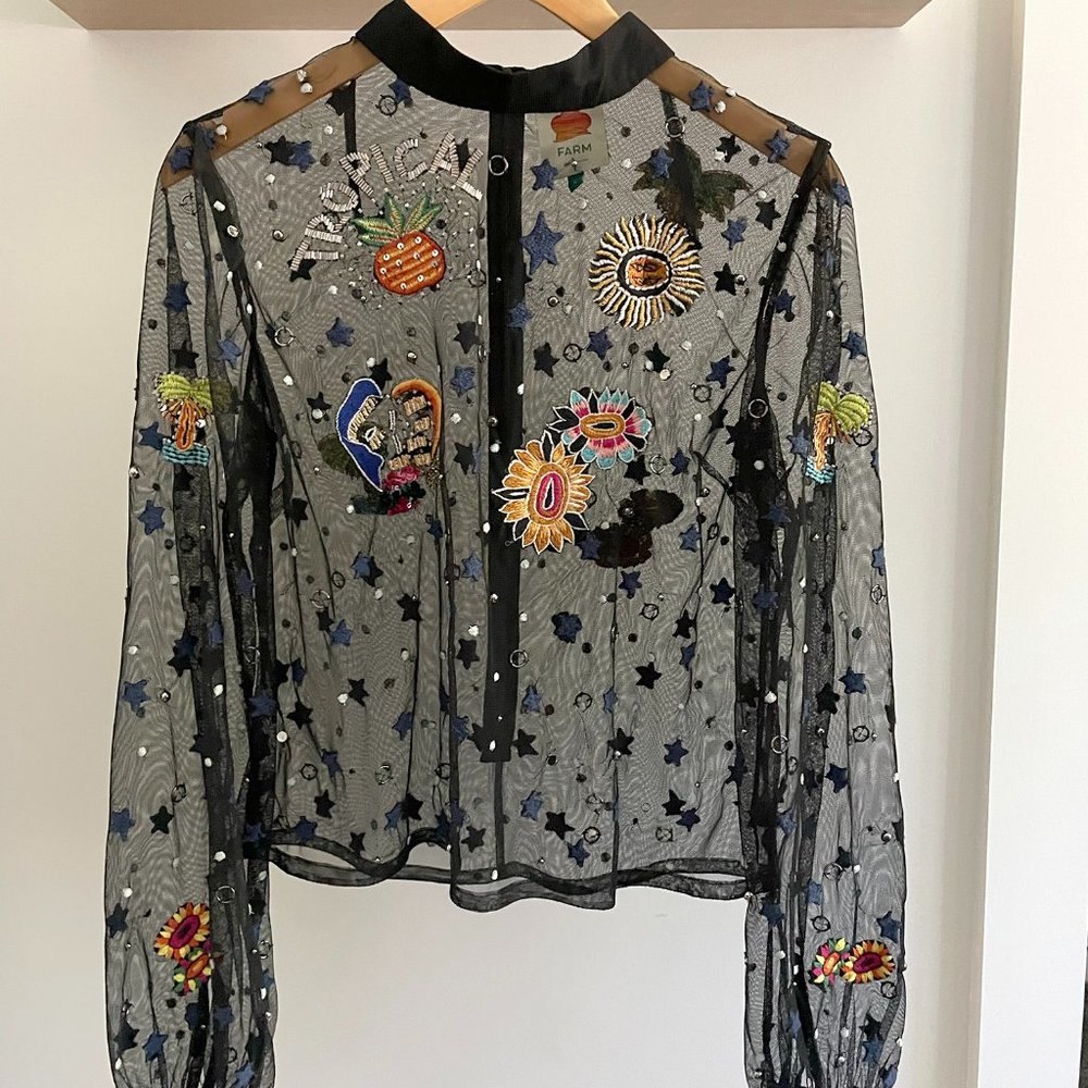 Farm Rio Sheer Top Embroidered Astrology Black Size L